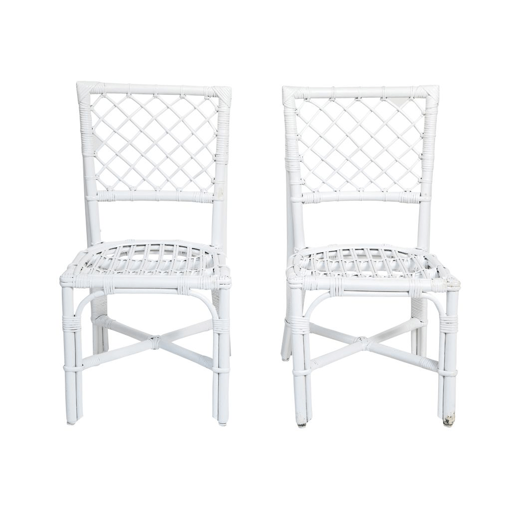 Pair of Vintage Bielecky White Rattan Chairs with Woven Seat