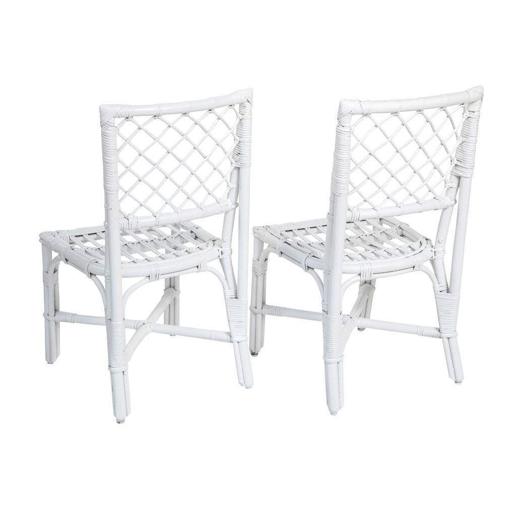 Pair of Vintage Bielecky White Rattan Chairs with Woven Seat