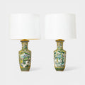 A Pair of 19th Century Chinese Rouleau Famille Verte Lamps