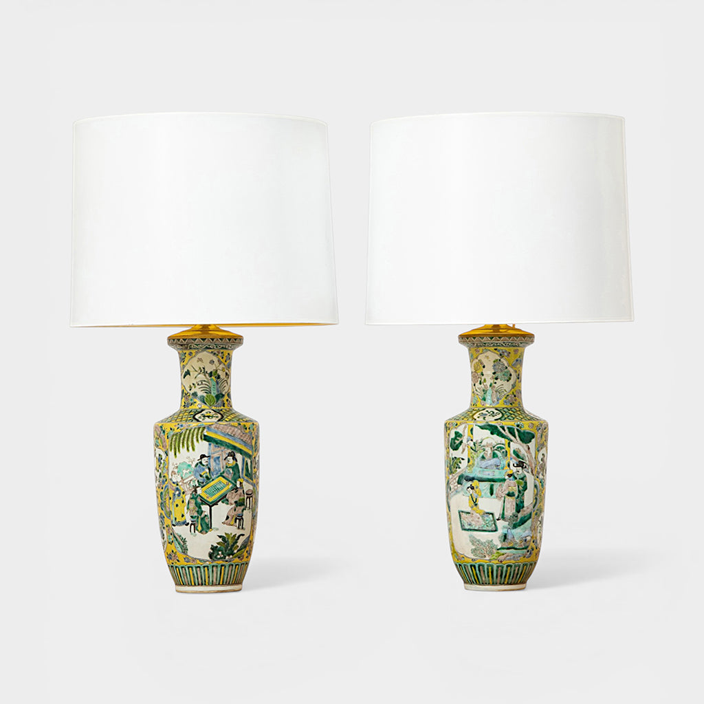 A Pair of 19th Century Chinese Rouleau Famille Verte Lamps