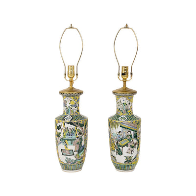 A Pair of 19th Century Chinese Rouleau Famille Verte Lamps