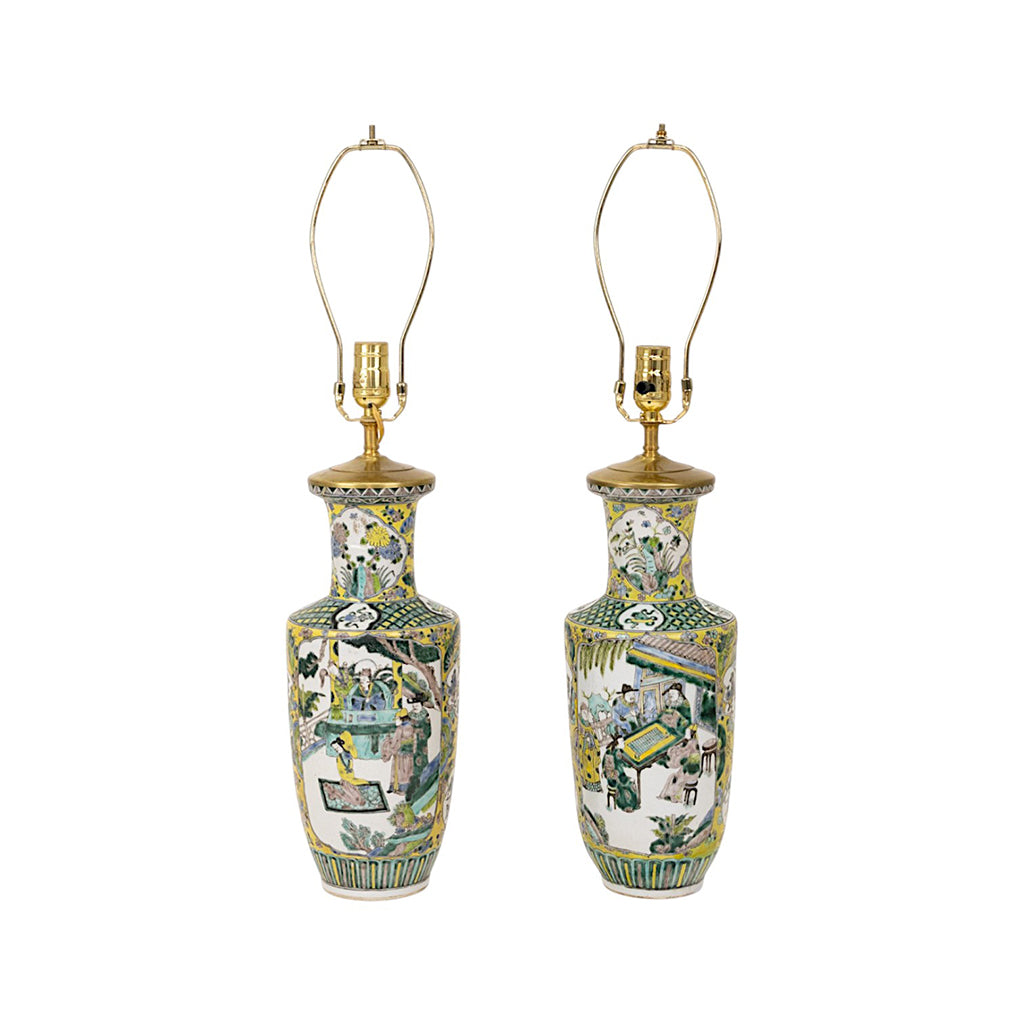 A Pair of 19th Century Chinese Rouleau Famille Verte Lamps