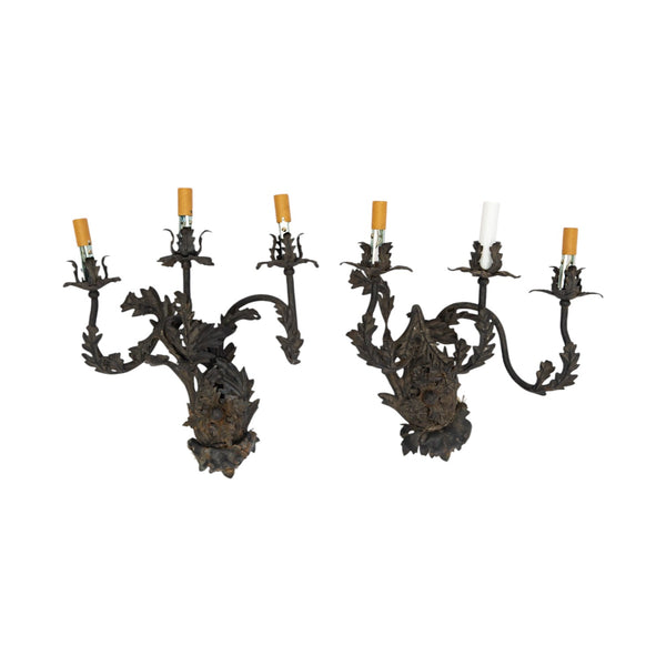 A Pair of French Wrought Iron Three-Arm Sconces