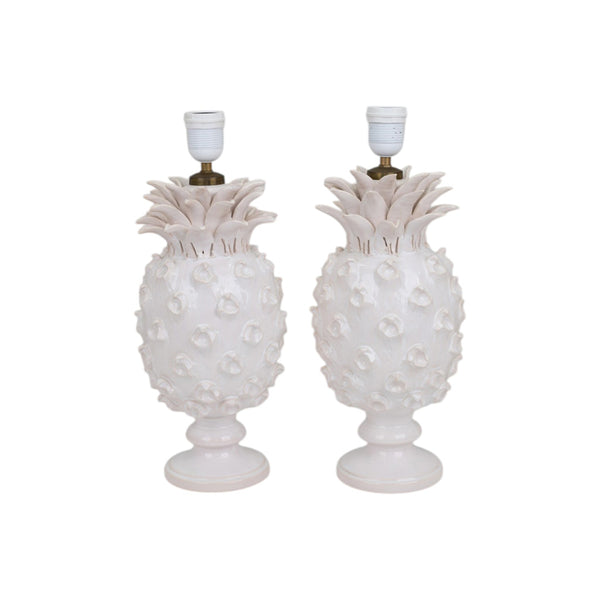 A Pair of Vintage White Faience Pineapple Lamps by Jean Roger