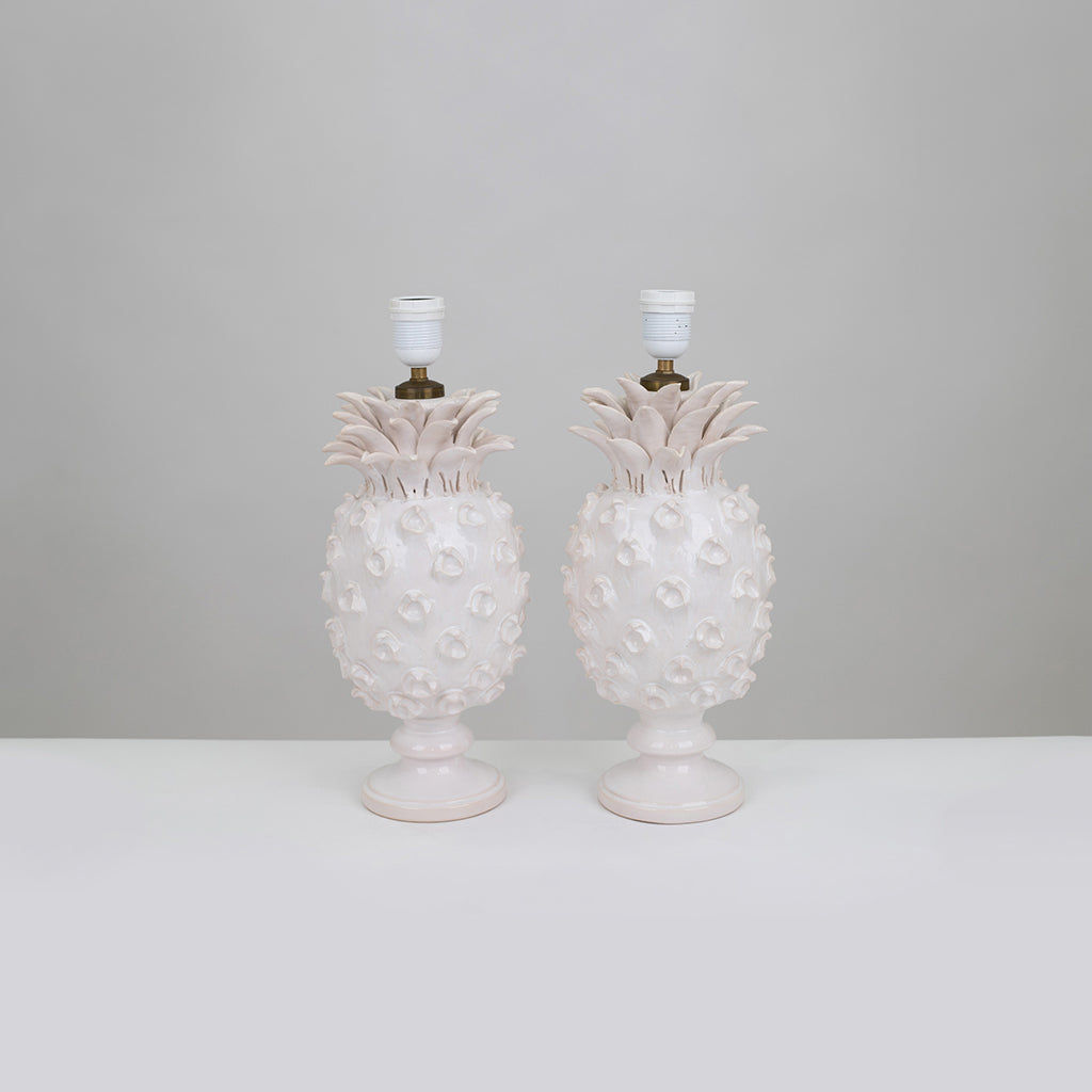 A Pair of Vintage White Faience Pineapple Lamps by Jean Roger