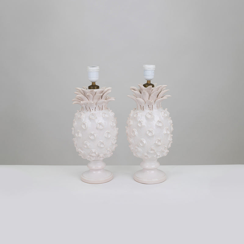 A Pair of Vintage White Faience Pineapple Lamps by Jean Roger