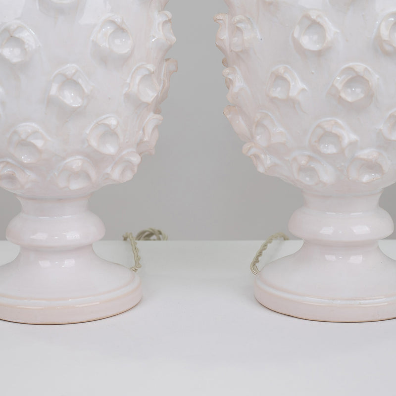A Pair of Vintage White Faience Pineapple Lamps by Jean Roger