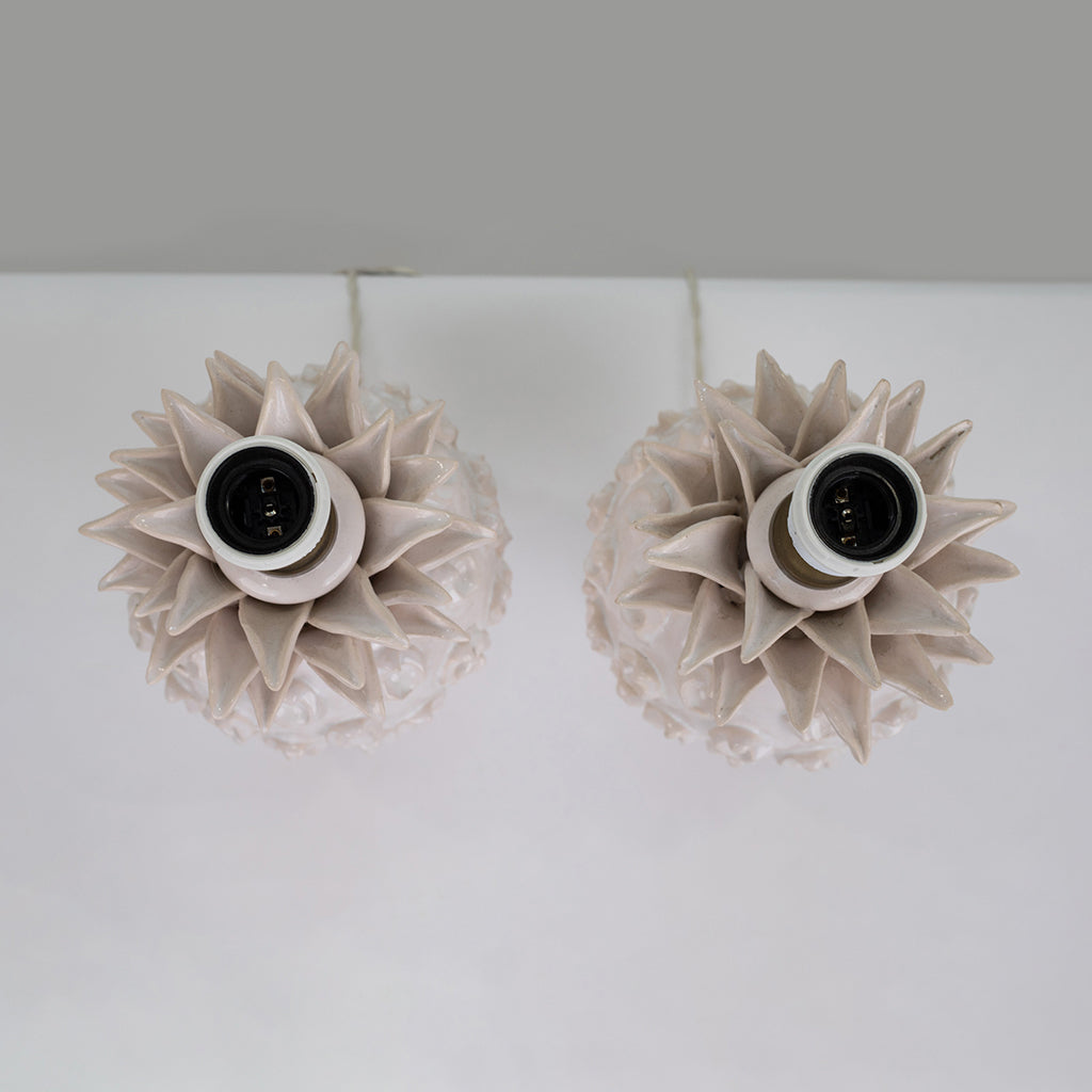 A Pair of Vintage White Faience Pineapple Lamps by Jean Roger