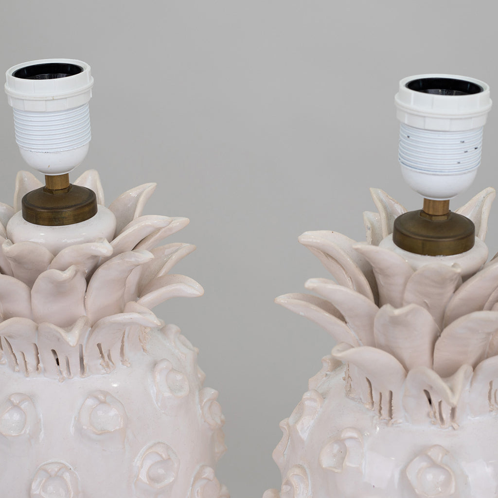 A Pair of Vintage White Faience Pineapple Lamps by Jean Roger