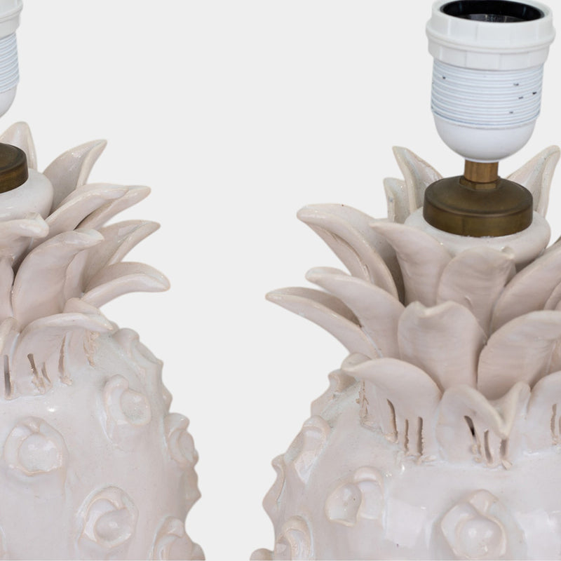 A Pair of Vintage White Faience Pineapple Lamps by Jean Roger