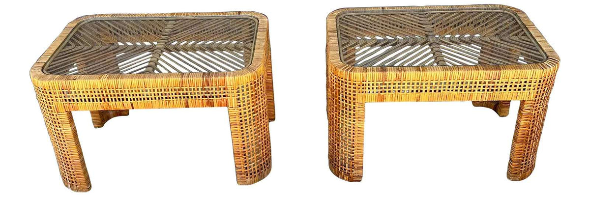 Pair of Woven Rattan Tables with Glass Tops