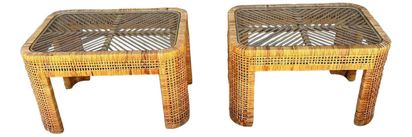 Pair of Woven Rattan Tables with Glass Tops
