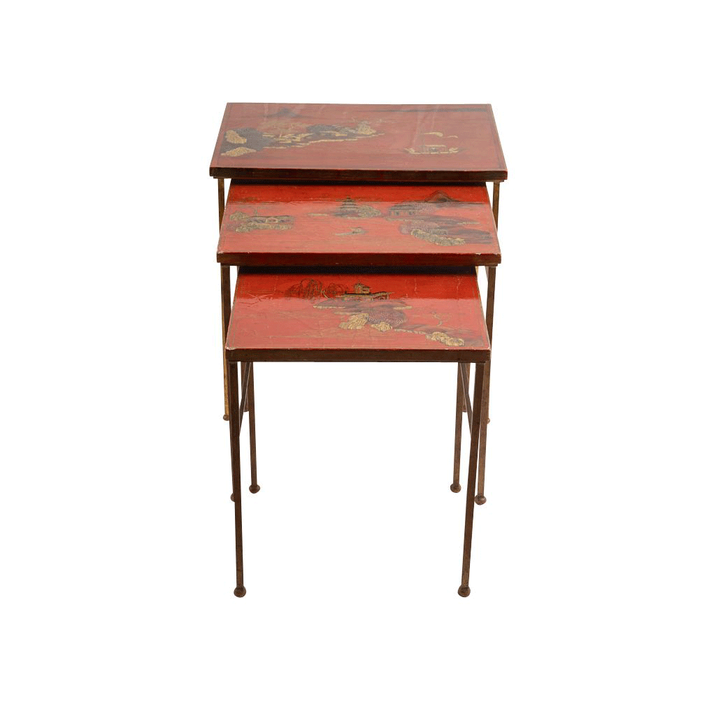 Red Japanned Nesting Tables and Gilt Metal Base