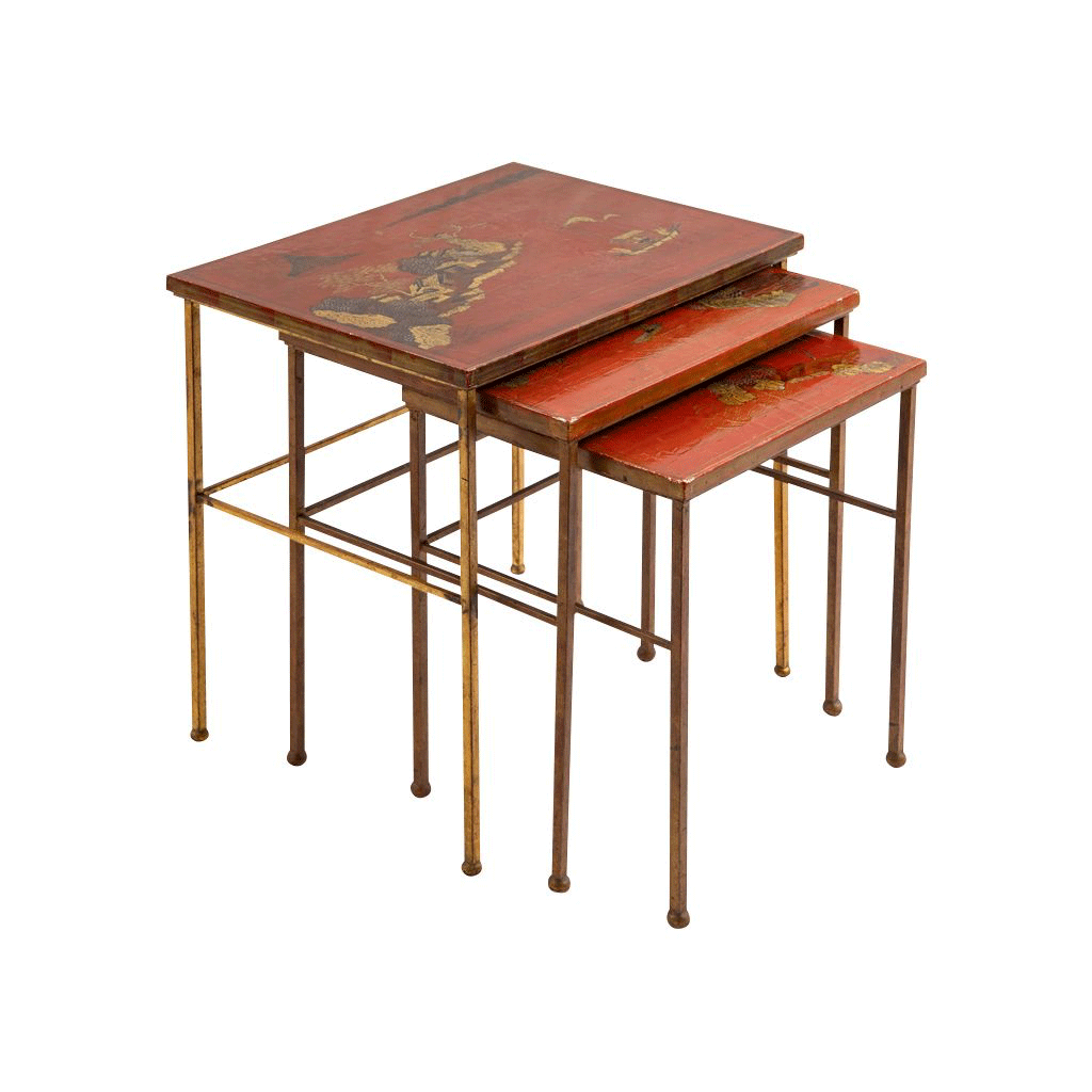 Red Japanned Nesting Tables and Gilt Metal base