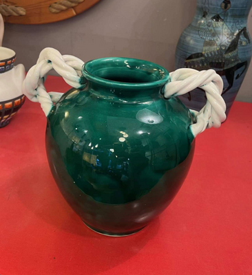 Vallauris Verte Vase with White Handles