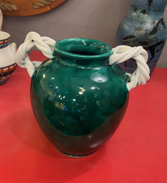 Vallauris Verte Vase with White Handles