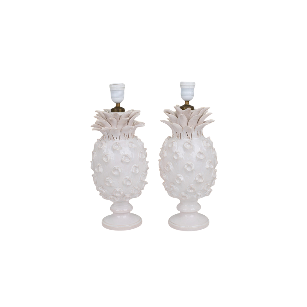 A Pair of Vintage White Faience Pineapple Lamps by Jean Roger