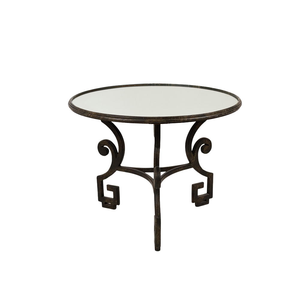 Wrought Iron Table with Antiqued Mirrored Top and Greek Key Base