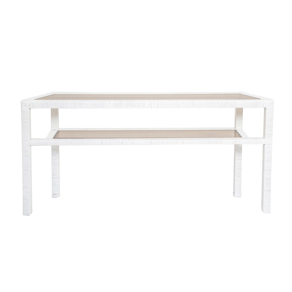 Vintage Bielecky White Cane Console with Smoked Glass Shelves