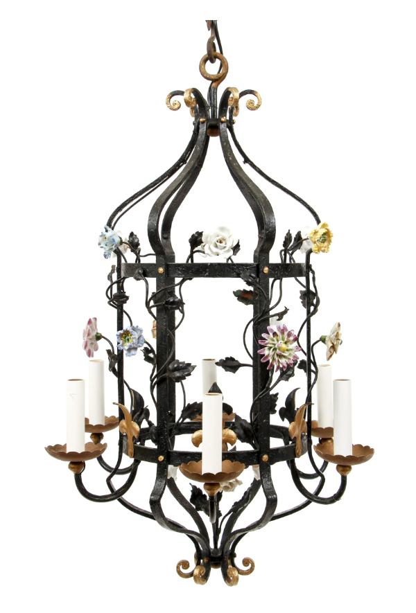 Wrought Iron Chandelier with Painted Ceramic Flowers