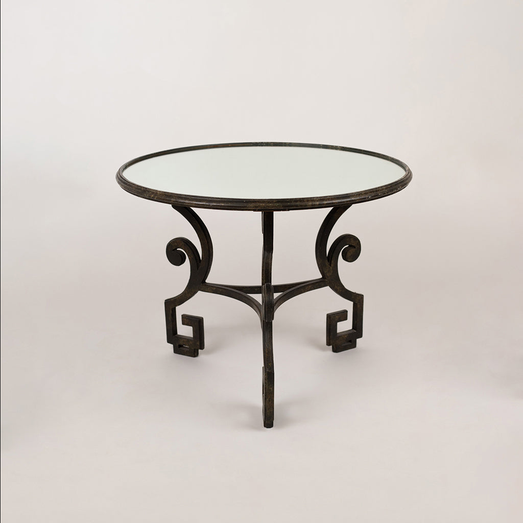 Wrought Iron Table with Antiqued Mirrored Top and Greek Key Base