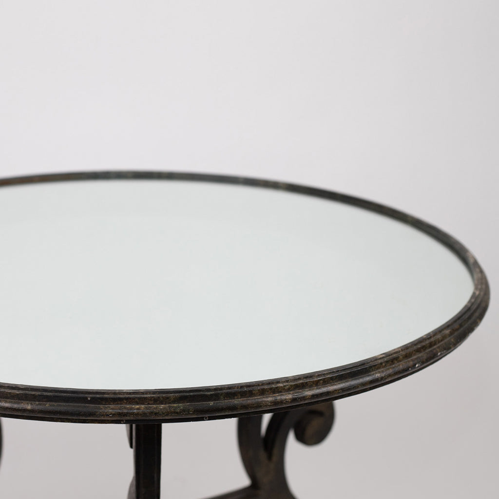Wrought Iron Table with Antiqued Mirrored Top and Greek Key Base