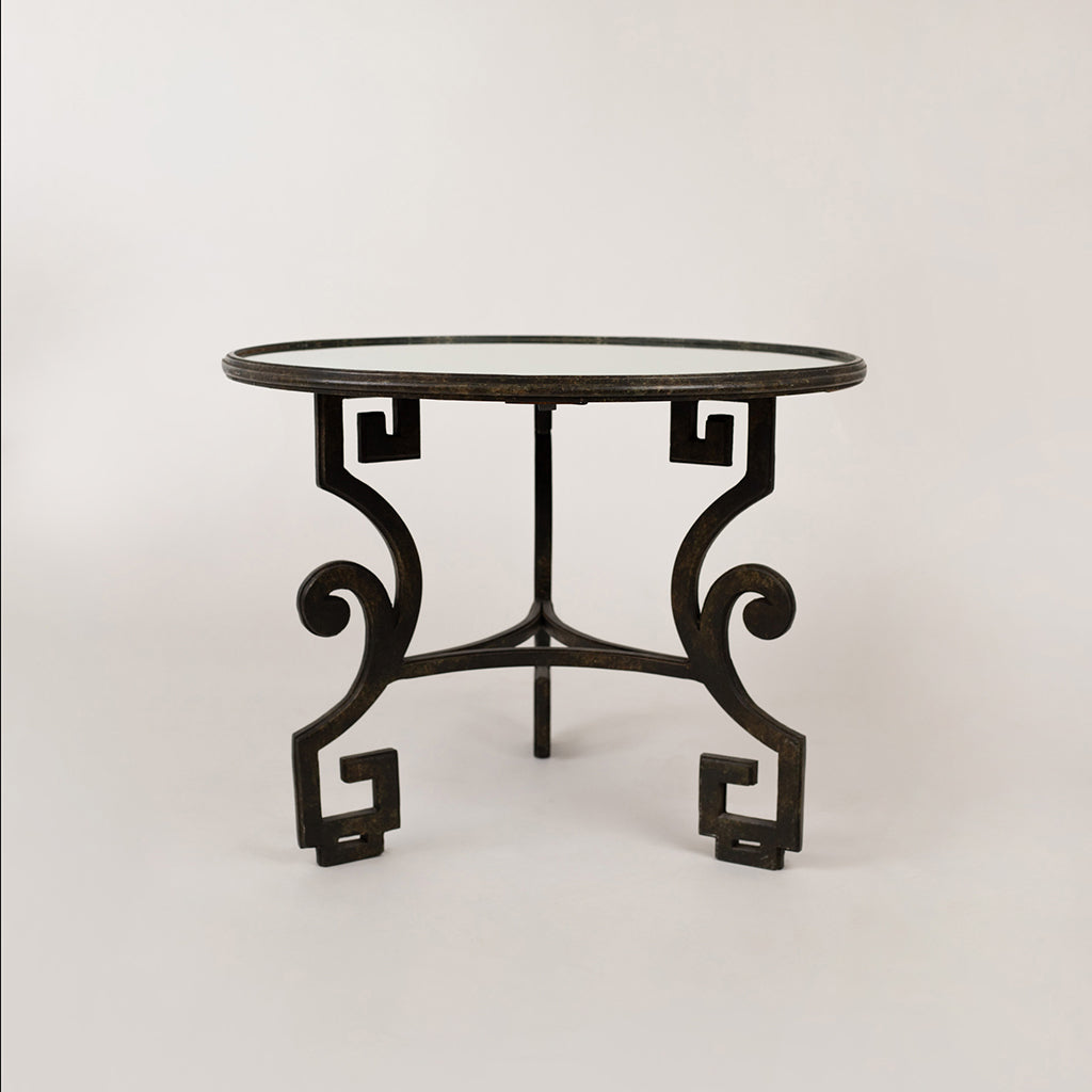Wrought Iron Table with Antiqued Mirrored Top and Greek Key Base