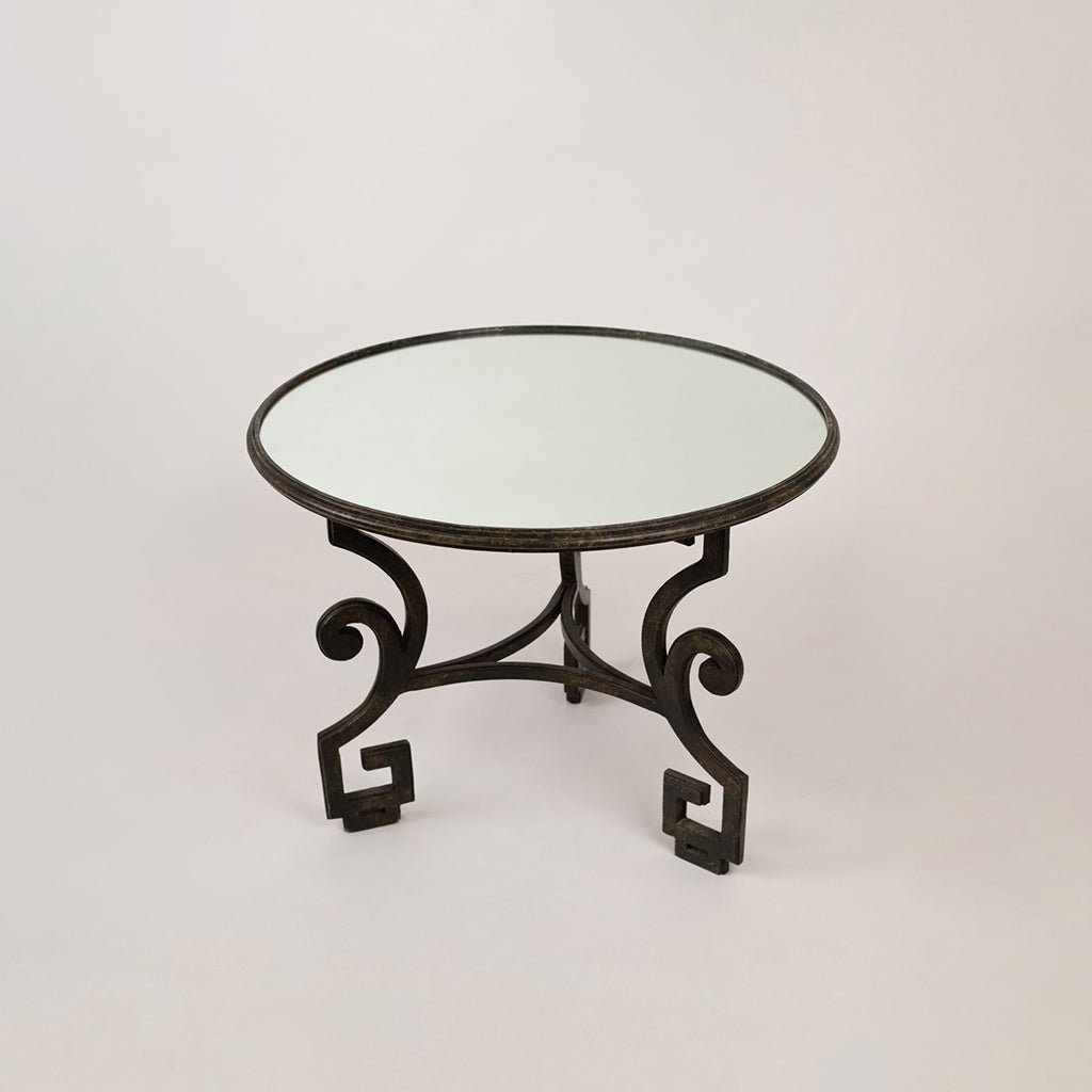 Wrought Iron Table with Antiqued Mirrored Top and Greek Key Base