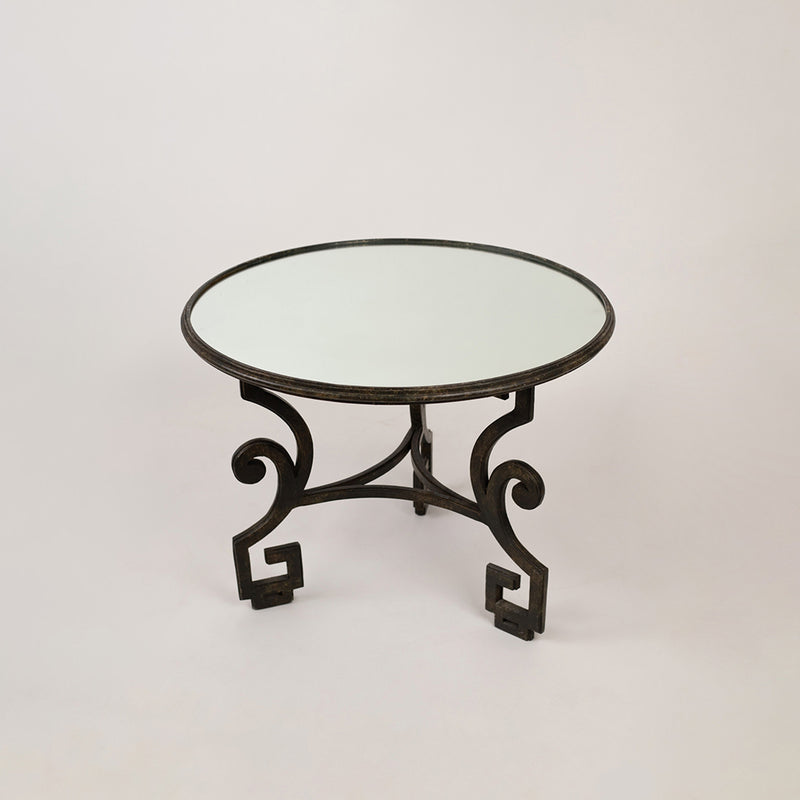 Wrought Iron Table with Antiqued Mirrored Top and Greek Key Base