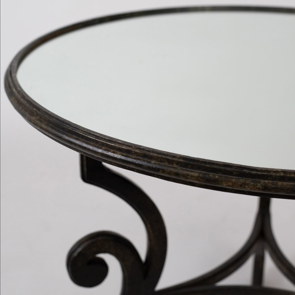 Wrought Iron Table with Antiqued Mirrored Top and Greek Key Base