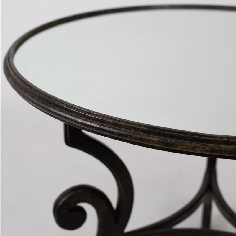 Wrought Iron Table with Antiqued Mirrored Top and Greek Key Base