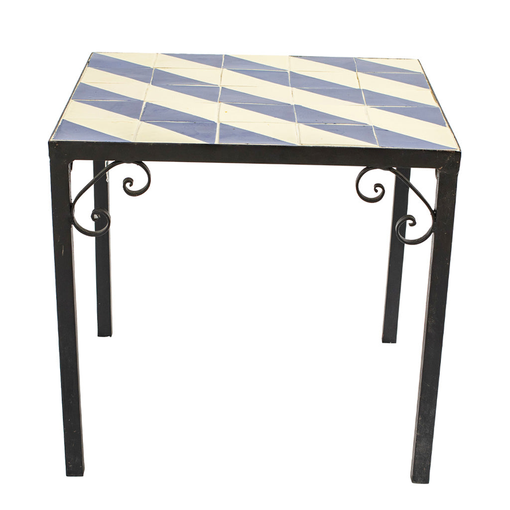 A Set of Four Vintage Wrought Iron Outdoor Side Tables with Blue and White Glazed Tile Tops