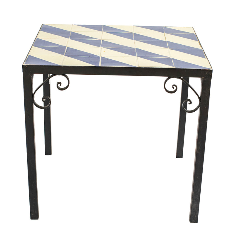 A Set of Four Vintage Wrought Iron Outdoor Side Tables with Blue and White Glazed Tile Tops