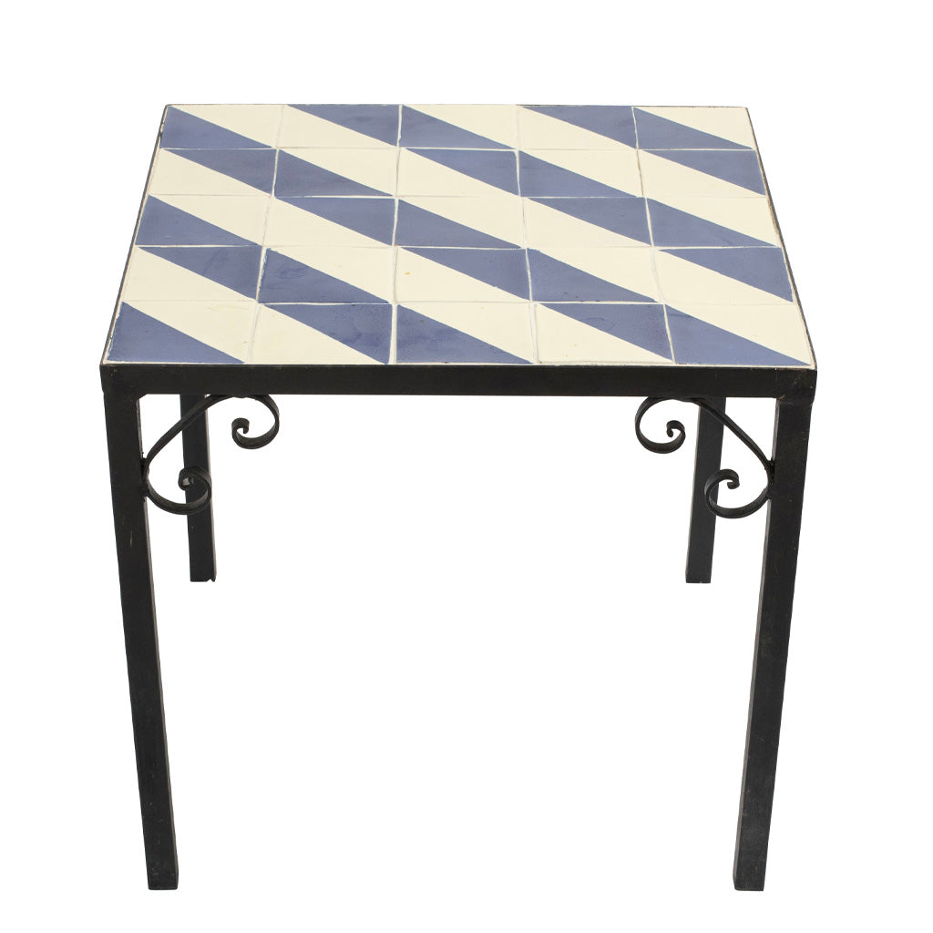 A Set of Four Vintage Wrought Iron Outdoor Side Tables with Blue and White Glazed Tile Tops