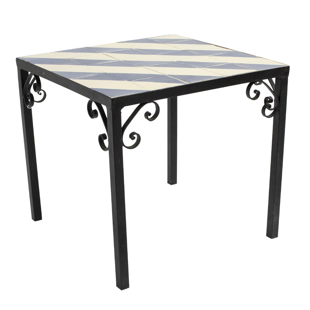 A Set of Four Vintage Wrought Iron Outdoor Side Tables with Blue and White Glazed Tile Tops