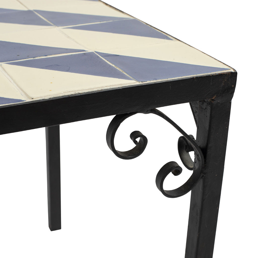 A Set of Four Vintage Wrought Iron Outdoor Side Tables with Blue and White Glazed Tile Tops