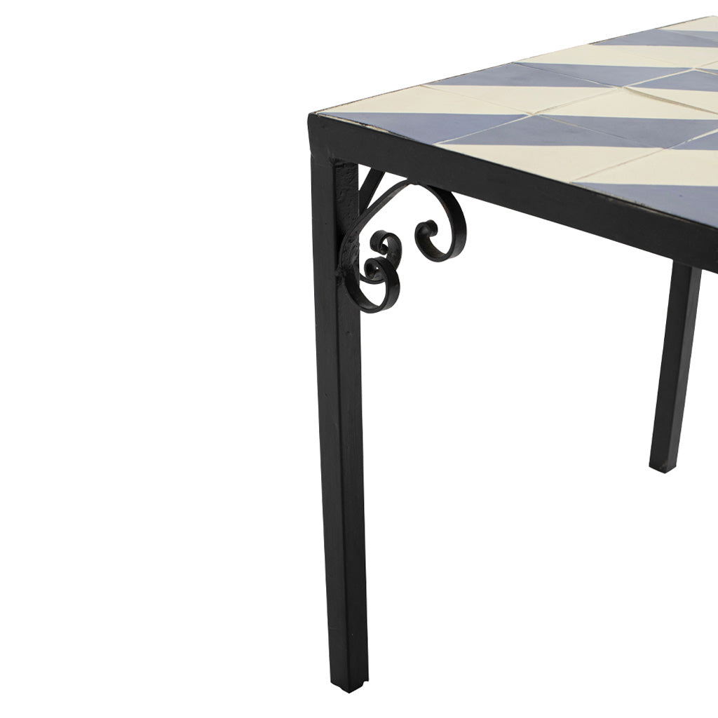 A Set of Four Vintage Wrought Iron Outdoor Side Tables with Blue and White Glazed Tile Tops