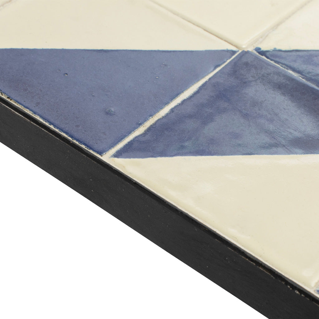 A Set of Four Vintage Wrought Iron Outdoor Side Tables with Blue and White Glazed Tile Tops