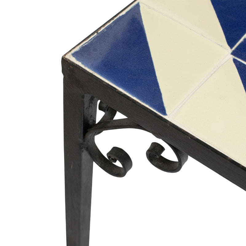 A Set of Four Vintage Wrought Iron Outdoor Side Tables with Blue and White Glazed Tile Tops