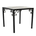 A Set of Four Vintage Wrought Iron Outdoor Side Tables with Blue and White Glazed Tile Tops