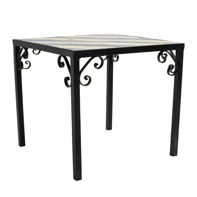 A Set of Four Vintage Wrought Iron Outdoor Side Tables with Blue and White Glazed Tile Tops