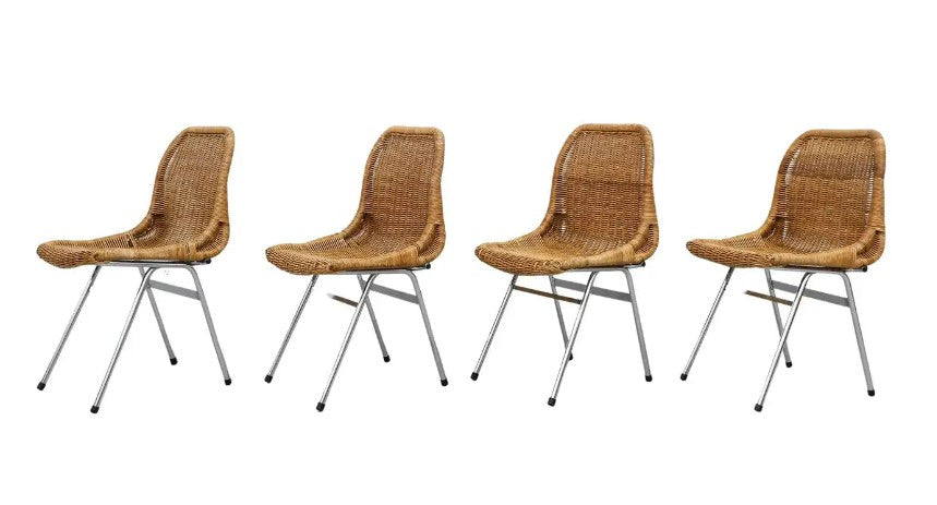 Set of Six Rattan and Chrome Chairs by Dirk Van Sliedregt