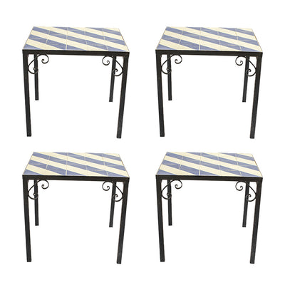 A Set of Four Vintage Wrought Iron Outdoor Side Tables with Blue and White Glazed Tile Tops