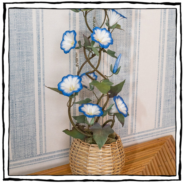 Large Blue Porcelain Morning Glory in an Oval Rattan Cachepot