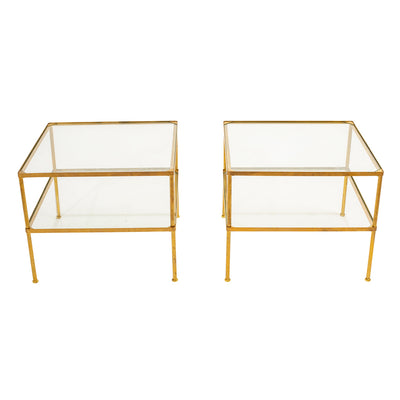 A Pair of Two-Tier Brass Side Tables with Glass Shelves