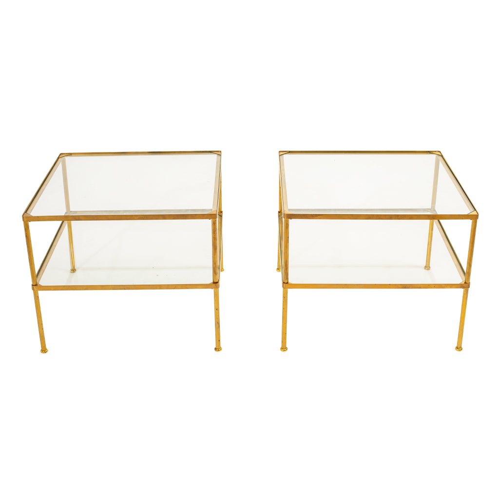 A Pair of Two-Tier Brass Side Tables with Glass Shelves