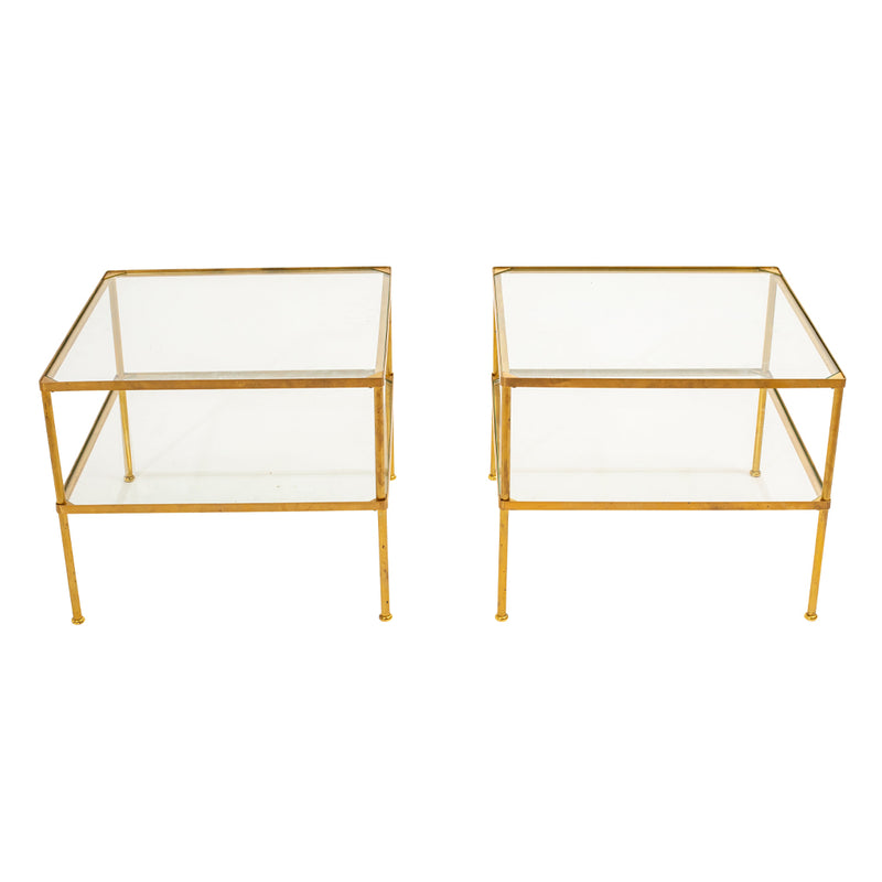 A Pair of Two-Tier Brass Side Tables with Glass Shelves