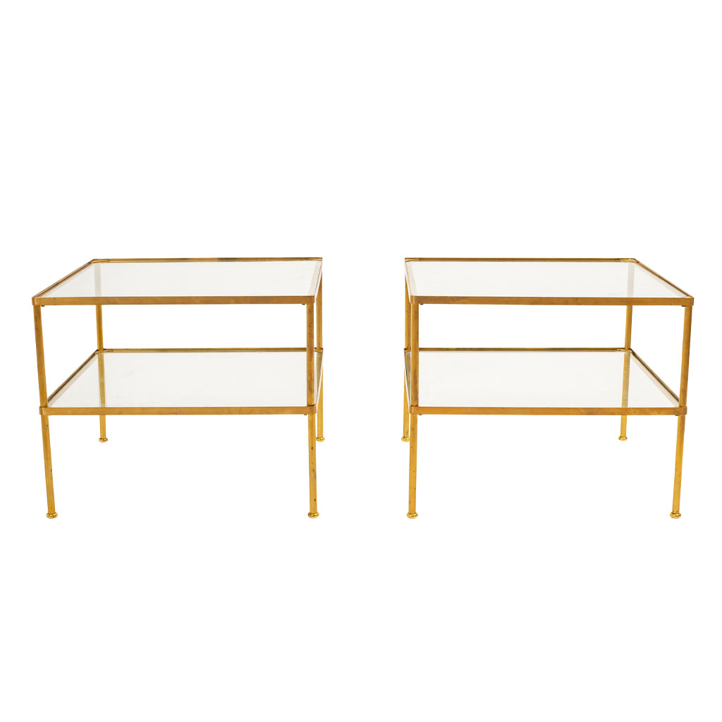 A Pair of Two-Tier Brass Side Tables with Glass Shelves