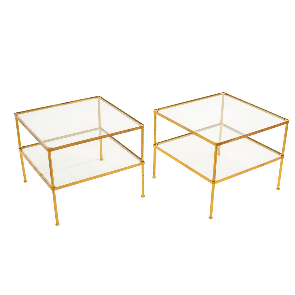 A Pair of Two-Tier Brass Side Tables with Glass Shelves