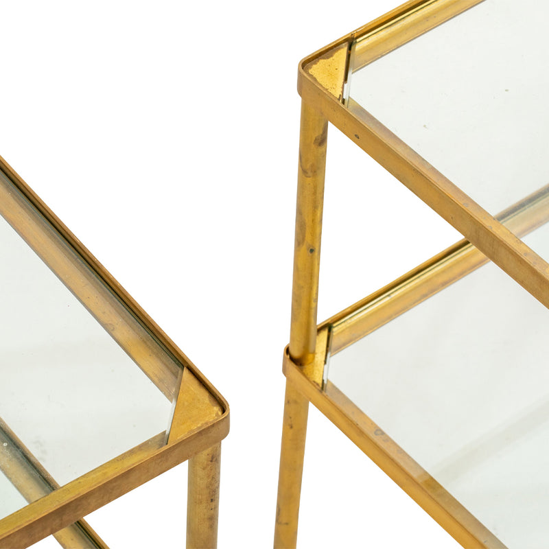 A Pair of Two-Tier Brass Side Tables with Glass Shelves